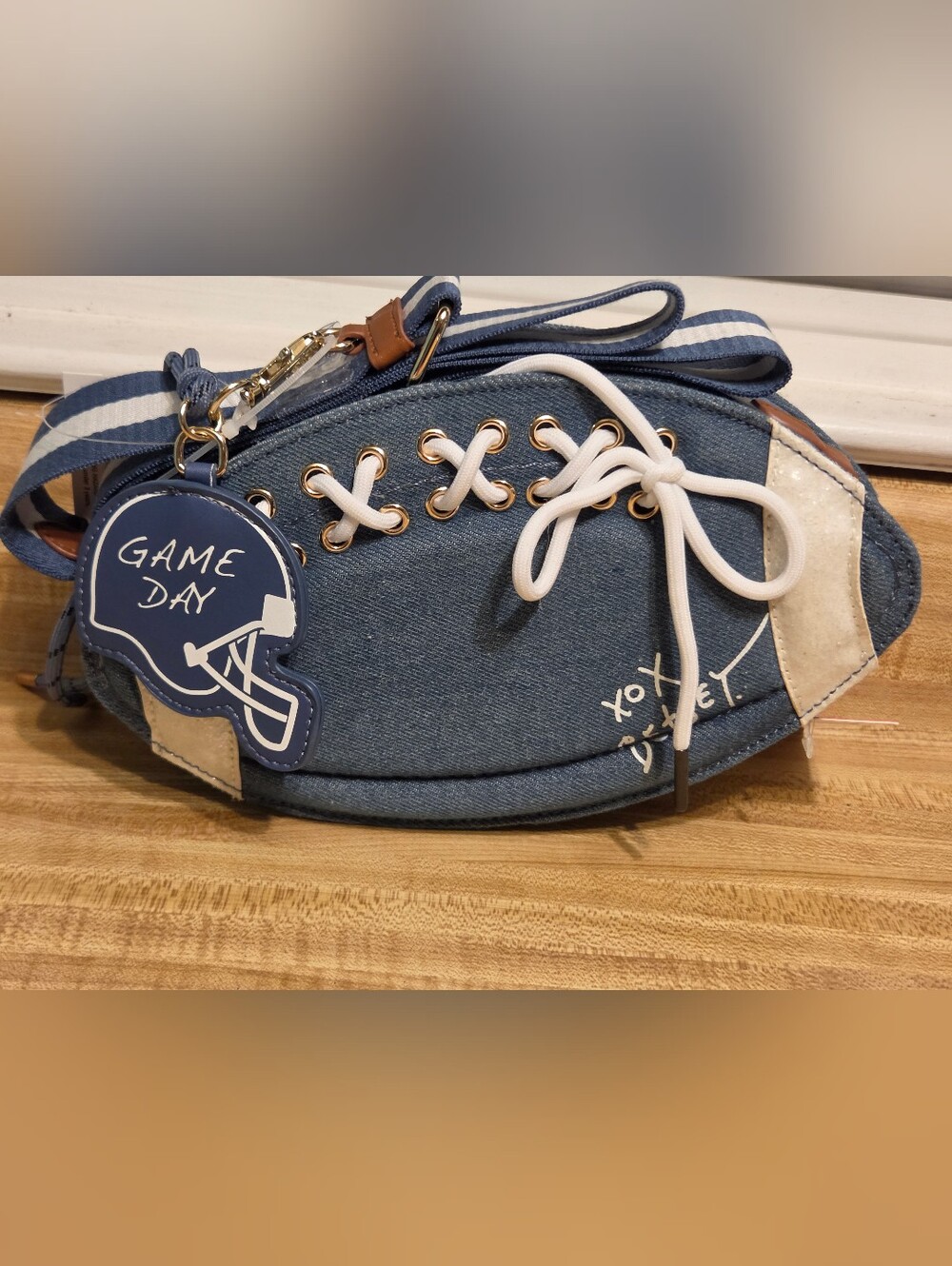 Betsey Johnson NWT Denim Football Crossbody W/Guitar Strap & Bag Charm